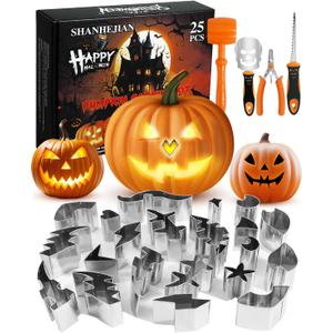 Pumpkin Carving Kit, 21 Pcs Stainless Steel Pumpkin Carving Stencils with 4 Halloween Carving Tools, Easy Safe and Durable for Kids Adults