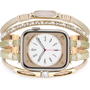 MOFREE Boho Leather Bracelet Compatible with Apple Watch Band 38mm 40mm 41mm Women, Adjustable iPhone Watch Bands Fancy Jewelry Multilayer Strap Wrap for iWatch Bands Series 10 9 8 7 6 5 4 3 2 1 SE