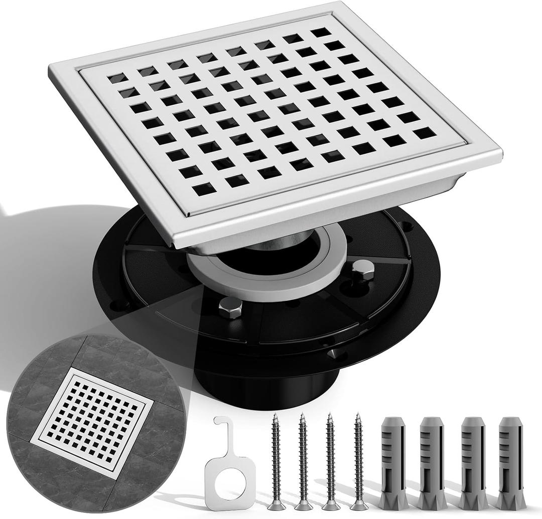 6 Inch Square Shower Drain with Flange,Brushed Nickel Shower Drain SUS 304 Stainless Steel Shower Floor Drain,Grid Quadrato Modern Bathroom Drain for Shower