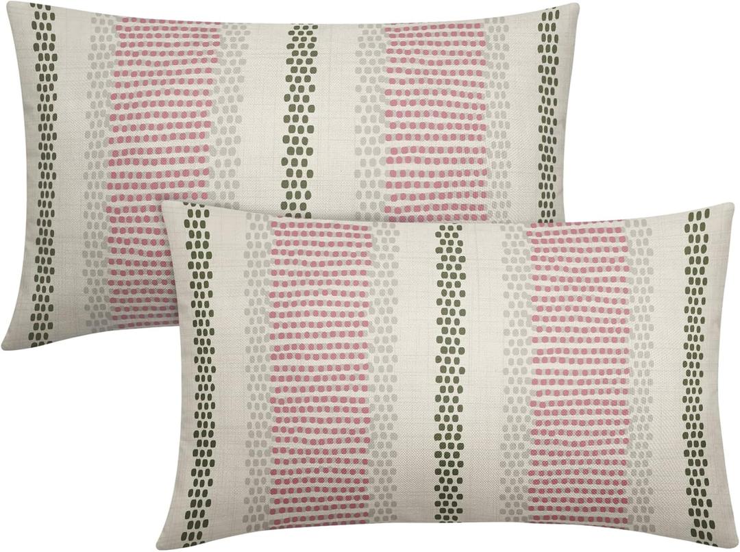 Pink Green Pillow Covers 12x20 Set of 2 Gray Grey Dot Print Striped Decorative Outdoor Lumbar Pillowcases Boho Rustic Farmhouse Decorative Rectangle Throw Cushion Case Decor for Couch Sofa Bed