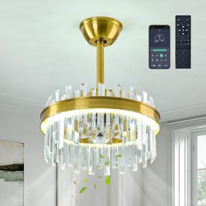 YYJLX Gold Crystal Ceiling Fan with Light Modern Led Chandelier Fan with Remote and APP Control Dimmable Fandelier for Girl Room Bedroom Living Room Kids