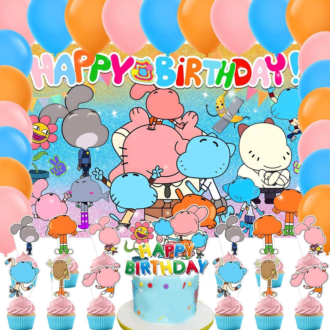 Amazing Cartoon World of Gumball Birthday Party Supplies Pack Includes Backdrop Cake Toppers Balloons for Cartoon Gumball party supplies