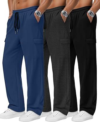 Neer 3 Pack Men's Baggy Cargo Sweatpants Wide Leg Straight Drawstring Open Bottom Joggers  Lounge Pants with Pockets Size 4XL