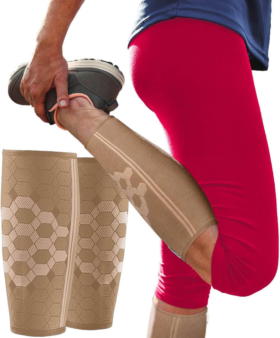 Sparthos Calf Compression Sleeves (Pair) Leg Compression Socks for Men and Women for Shin Splint, Pain Relief, Calves Blood Circulation, Sports Support, Running Walking Cycling Yoga (Beige-S)