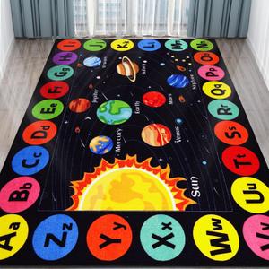Kids Rug Outer Space Carpet for Playroom, ABC Educational Learning Area Rug, Non-Slip Solar System Road Play Play Rug for Kids Bedrooms, Classroom, Room Decor (Black, 78.7X59 INCH)