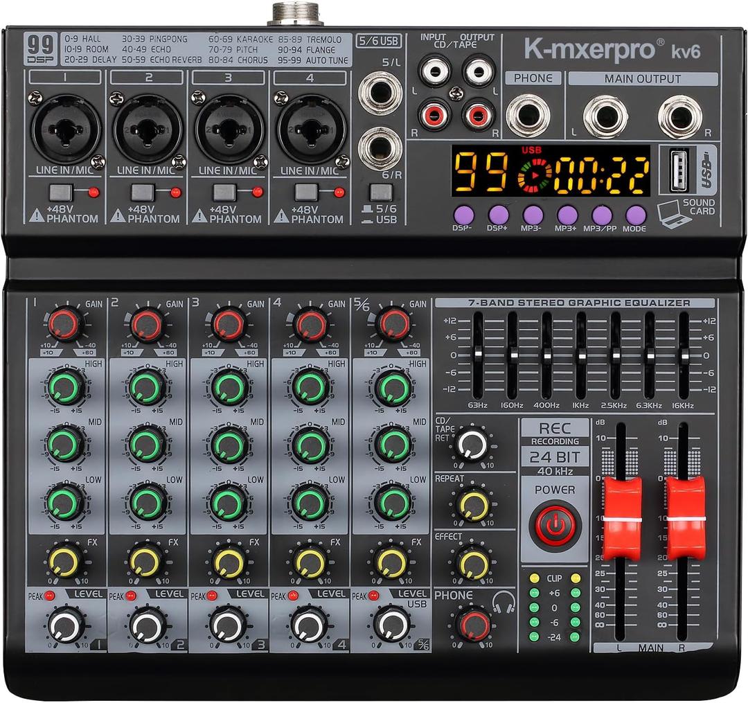 6 Channel Professional Audio Mixer Console Sound Board with 99 DSP 7-band EQ Independent 48V Phantom Power,USB Audio Interface for Studio Stage Party Home Recording