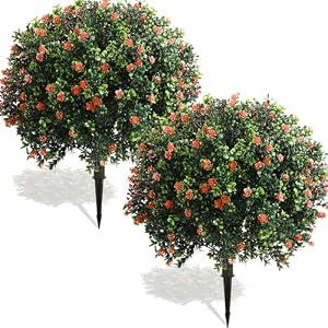 Yunlly Set of 2 Artificial Boxwood Topiary Ball Tree Fake Bushes Shrubs Outdoor Faux Plant with Ground Spike Flowers UV Resistance Greenery for Front Porch Garden Patio Indoor(Orange,27x18inch)
