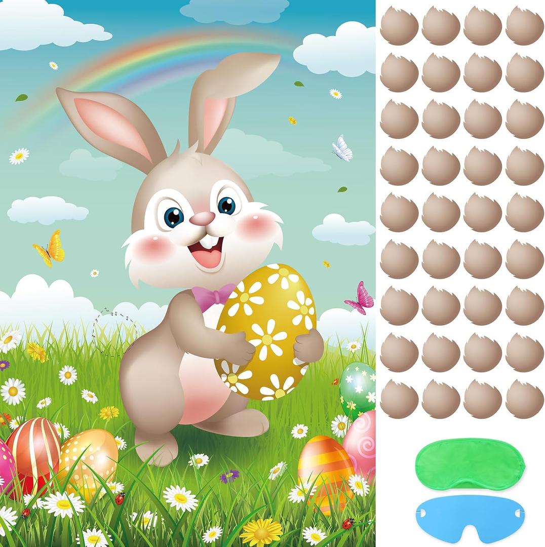 Pin The Tail on The Bunny Game with 36 Tail Stickers Happy Easter Party Game for Kids Easter Egg Activities, Large Bunny Game Poster for Happy Easter Party Decoration Supplies