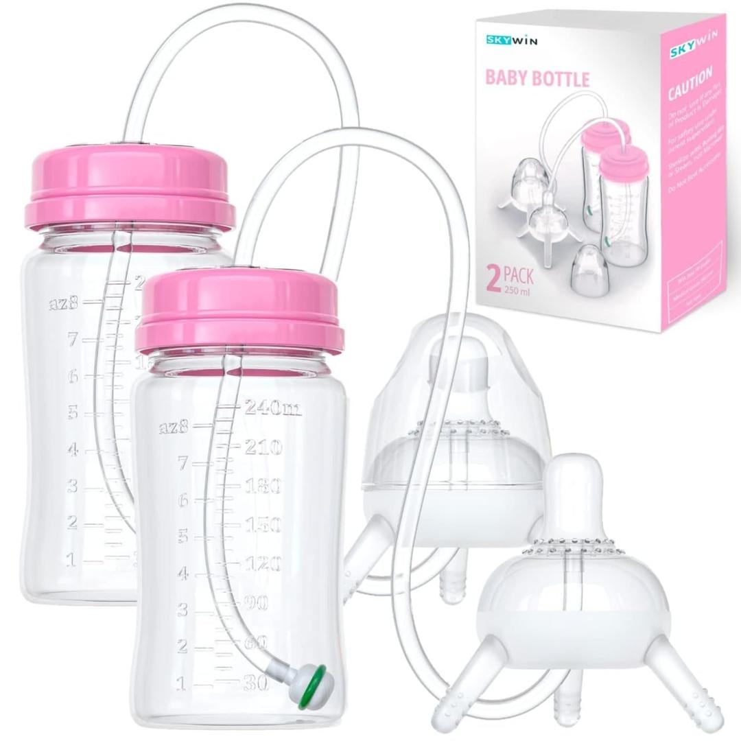 TidyFriend 2 Pk Baby Bottle Anti Colic with Straw 8oz  Built In Nipple Valve & Base Vent Hole for Gas Reduction, Upright Position Hand Free Bottle for 6m-2y Kids [Use Under Caregiver Assisted] (Pink)