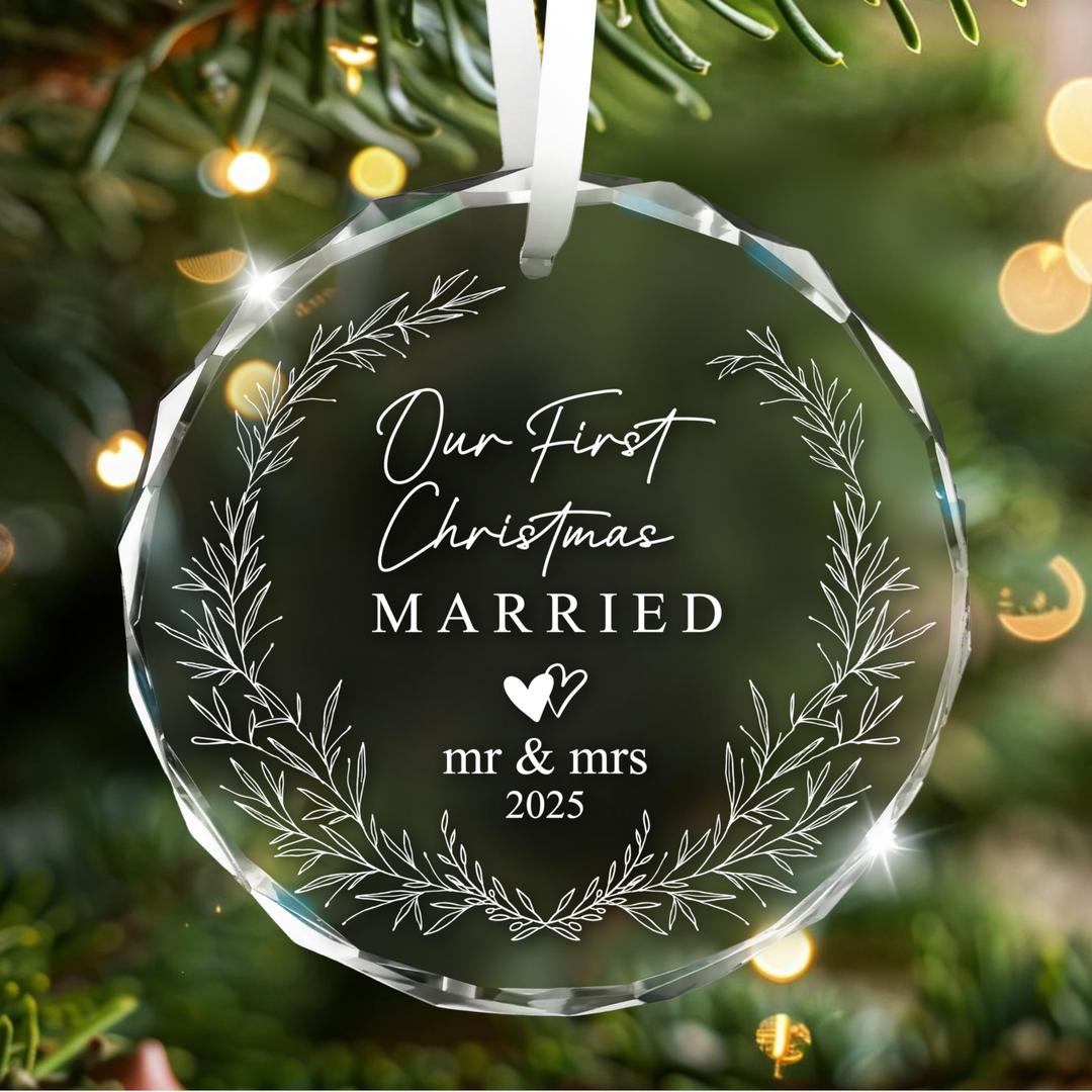 TIRYWT Wedding Gifts for Couples 2025, Christmas Mr & Mrs Gifts for Couples, Our First Christmas Married Glass Ornament for Bridal Shower Just Married Decors - A09