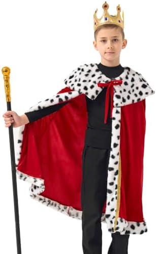 FUUNTATO King Costume For Boys Red Royal King’s Cloak with Crown And Scepter Set Luxurious Velvet Cape with Faux Fur Trim, M (heights 4'7" to 5'7")