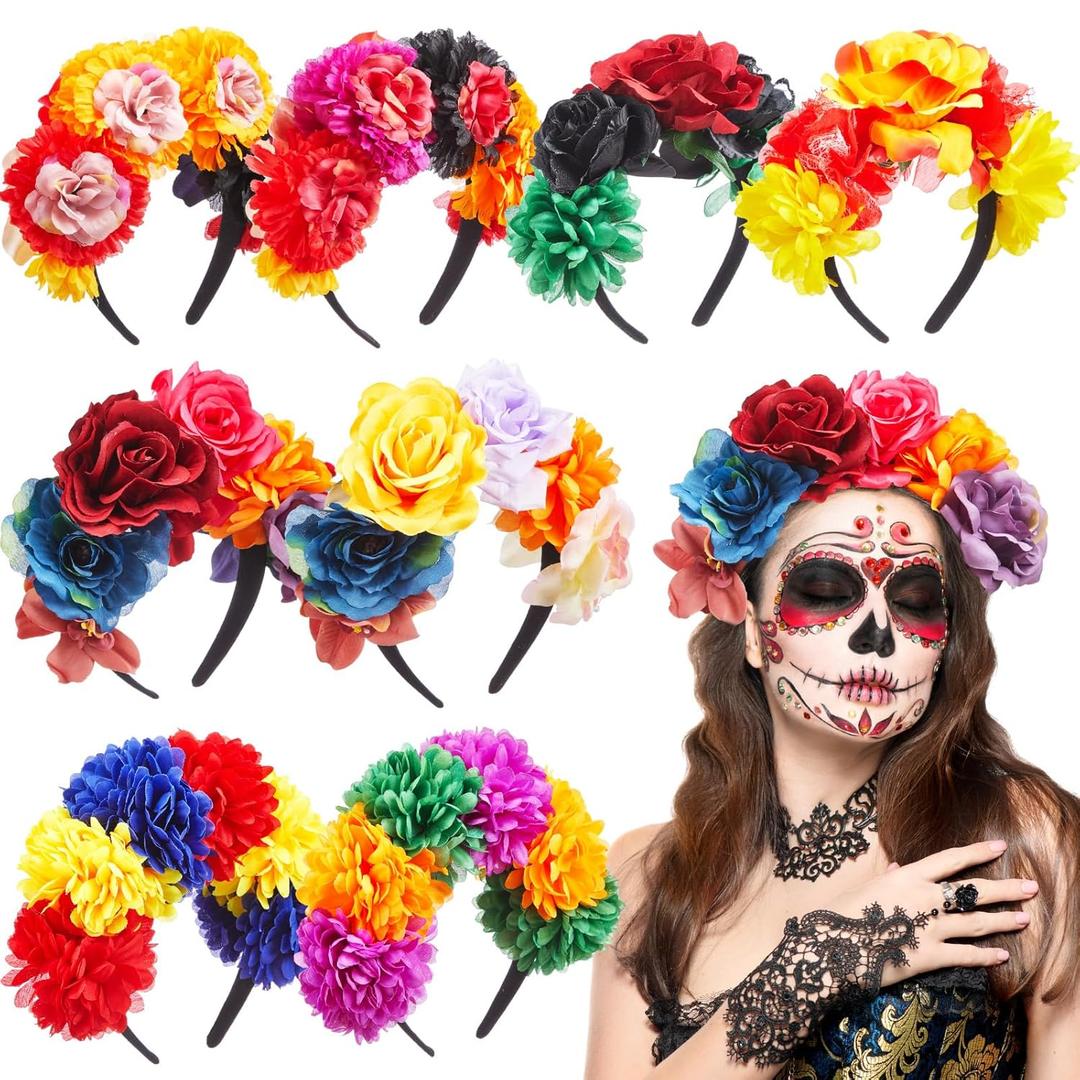 Zeyune Mexican Flower Headband Fiesta Rose Flower Crown Costume Mexican Headpiece for Women Party Cosplay Halloween(Classic Color,8pcs)