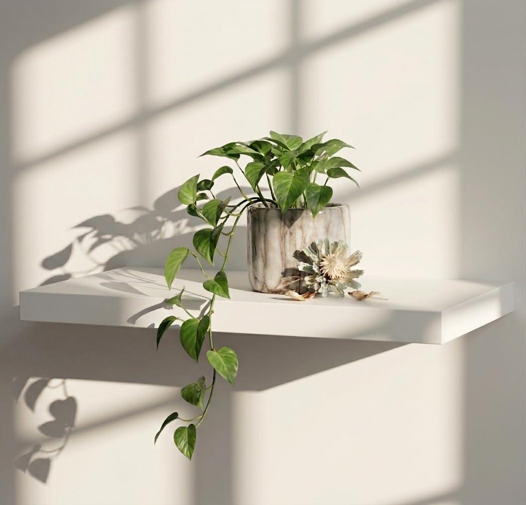 WELLAND Simons Floating Wall Shelf Ledge Shelves, 18-Inch, White Compact display space for books, plants, photos and decor in living rooms, kitchens, offices and entryways