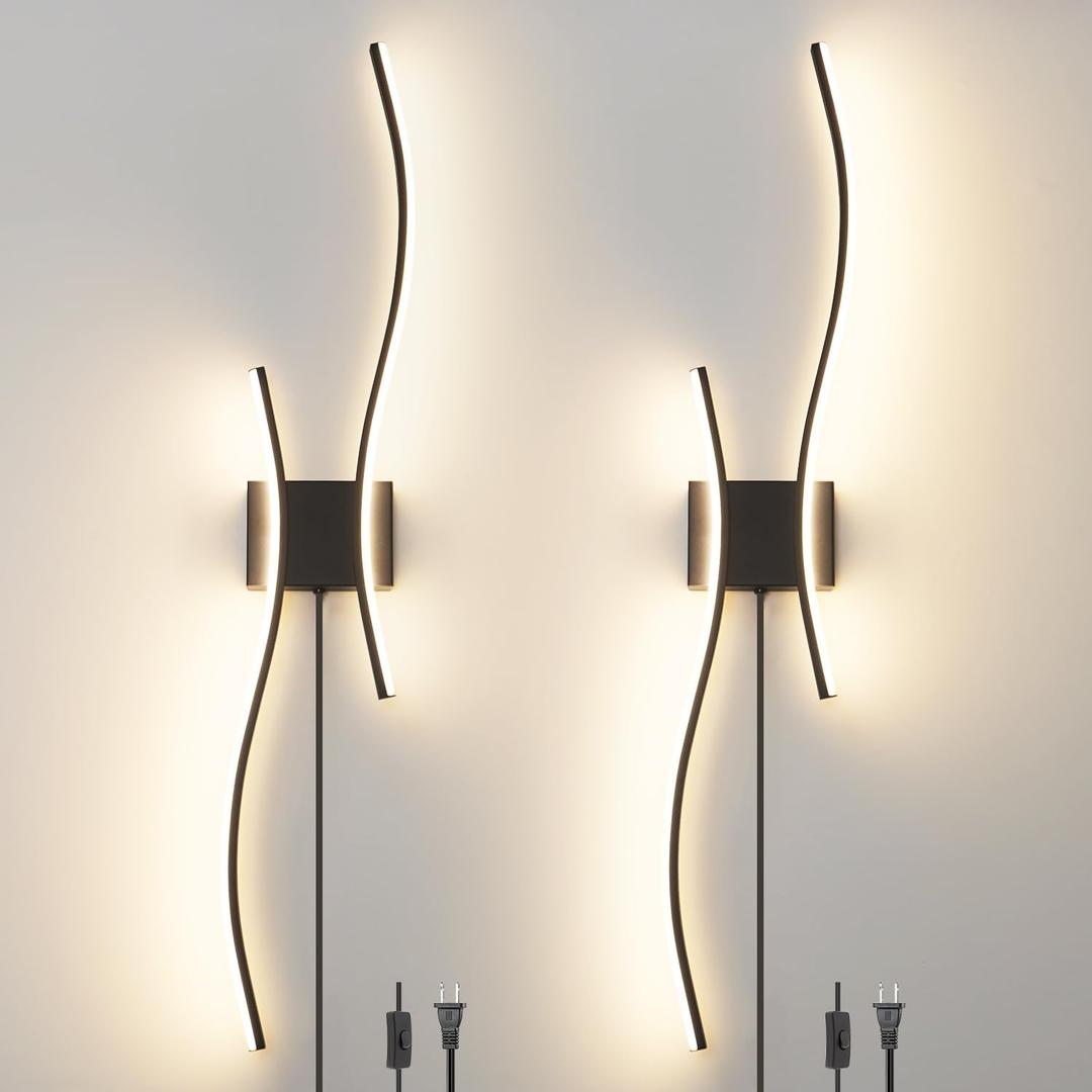 Daunton Modern Plug in Wall Sconce Set of 2, Black Dimmable LED Wall Light with Remote Control, 3CCT Adjustable & Memory Function, Timer, Plug in Cord Wall Lamp for TV Wall Living Room Hallway Bedroom
