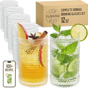 12 Oz Hobnail Drinking Glasses Set of 6 - Clear Multipurpose Glassware Sets, Decorative & Stylish Glasses Drinking Set for Bar, Kitchen, Cocktail Glassware, Garden - Home, Dining, & Kitchen