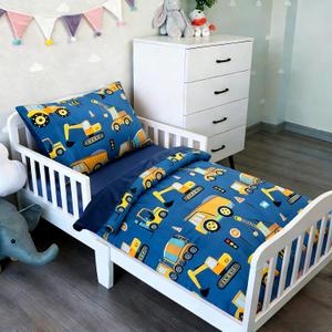 NTBED 4 Pieces Traffic Construction Toddler Bedding Set for Baby Boys,Truck Vehicles Excavator Cars Printed, Includes Comforter, Flat Sheet, Fitted Sheet and Pillowcase, Navy Blue