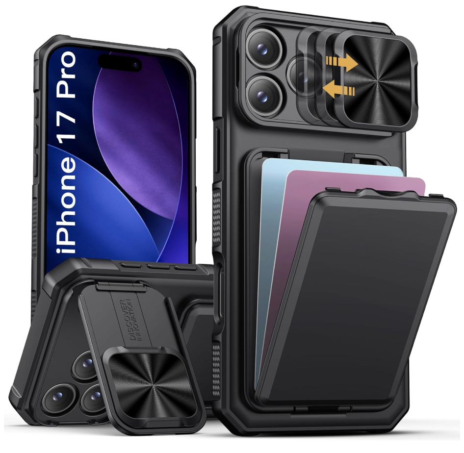 SSLOTSCASE for iPhone 17 Pro Case with Card Holder & Kickstand & Slide Camera Lens Cover & Camera Stand & Wallet, MilitaryGrade Heavy Duty Rugged Phone Case Cover for iPhone 17 Pro 6.3'' 2025, Black
