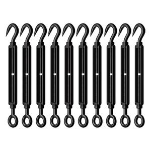 10 Pack Black Stainless Steel M5 Hook and Eye Turnbuckle, Heavy Duty Wire Rope Tensioner, Adjustable Hardware Kit for DIY String Light and Picture Hanging, Shade Sail, Cable Tightening