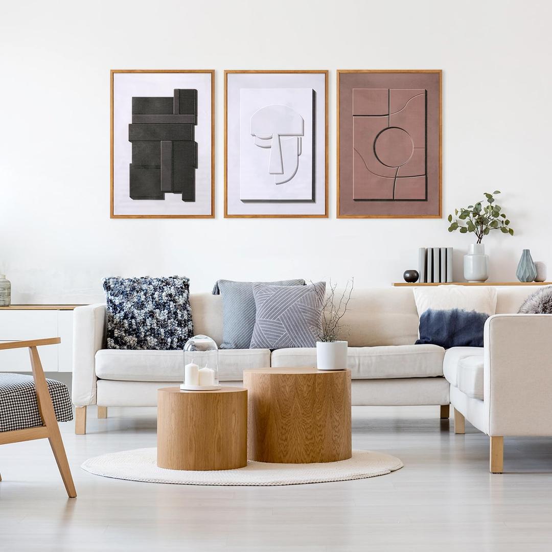 Aurlan Neutral Abstract Polygon Framed Wall Art(16"x24"), 3 PCS Minimalist Black Beige Brown 3D Textured Canvas Artwork, Large Modern Geometric Illustration Art Wall Decor for Office Living Room Bedroom