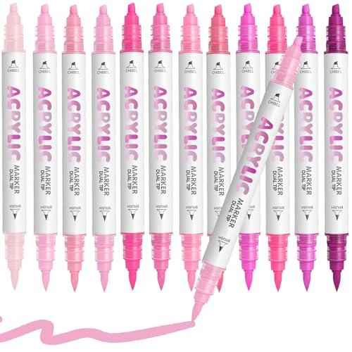 Diyeever Pink Acrylic Paint Pens, Water Based 12 Colors Dual Tip Acrylic Paint Markers for Rock Painting Wood, Glass, Ceramic, Canvas, Fabric, Stone, DIY Crafts Making Art Supplies