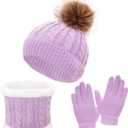 Heliltd 3pcs Kids Winter Hat Scarf Gloves Set Warm Knit Beanies with Pom Pom Soft Neck Warmer Mittens for Boys Girls Age 310