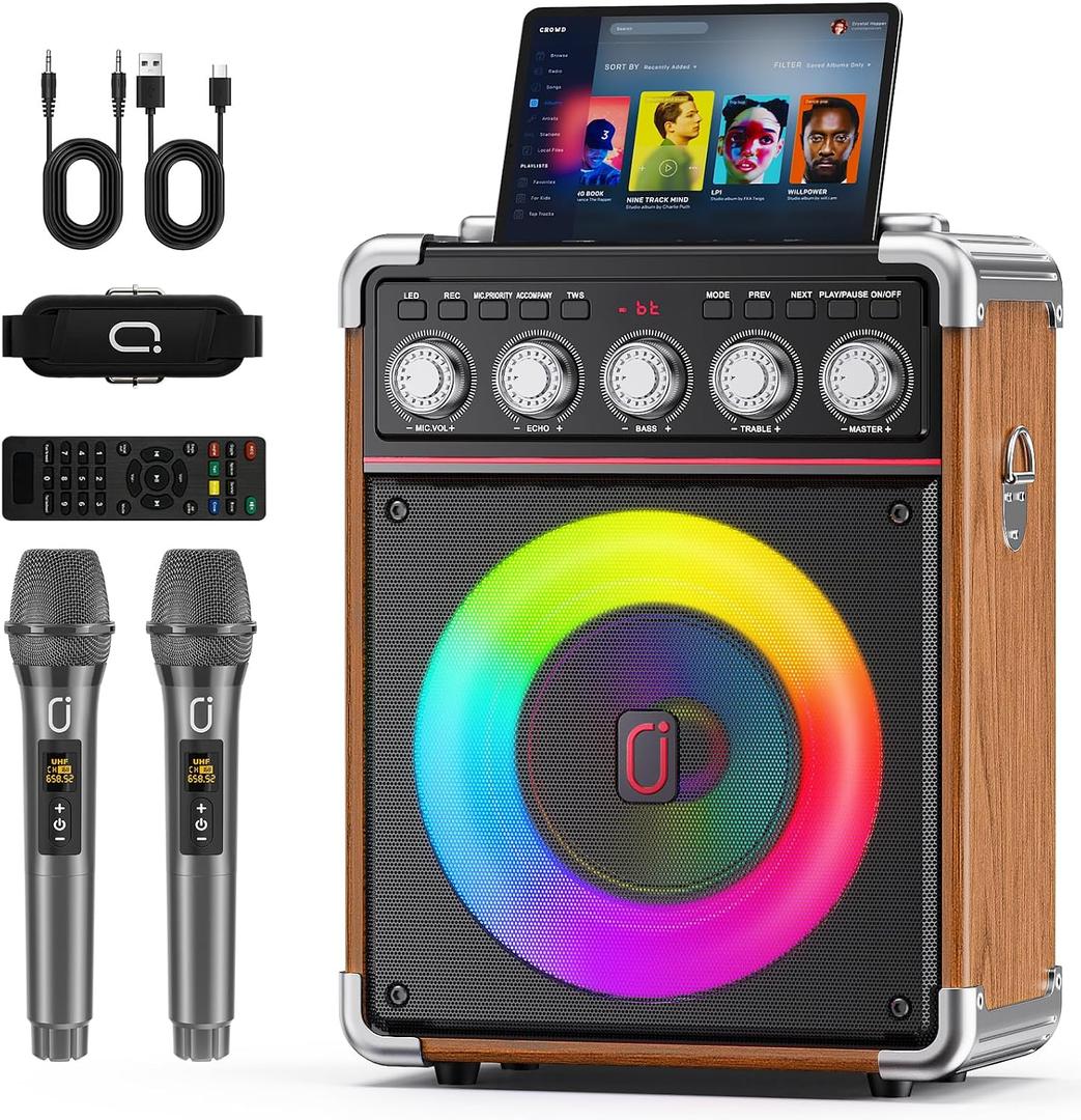 Karaoke Machine for Adults with 2 Wireless Microphones, Portable Bluetooth 5.3 Speaker with Bass/Treble/Echo Adjustment, PA System with Remote Control, Supports TWS/TV/TF Card/USB/AUX (Wood)