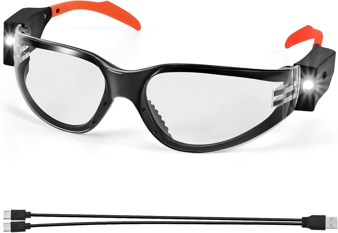 Rechargeable LED Safety Glasses for Mechanics - Ultra-Bright Built-in Cordless Work Light, Clear Anti-Fog Transparent Lenses, Ideal for Auto Repair, Under-Hood Tasks & Dark Workspaces​