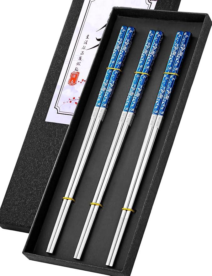 TINMARDA Metal Chopsticks Reusable, 3 Pairs NonSlip Chop Sticks Reusable Dishwasher Safe, Titanium Plated Stainless Steel Chopsticks Present Set (Blue Silver)