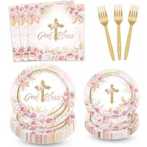 Baptism Plates and Napkins First Holy Communion Party Decorations, Boho God Bless Floral Mi Bautizo Christening God Bless Supplies for 24