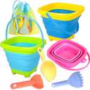 Xgunion Collapsible Beach Sand Bucket 3 Packs Foldable Buckets Set with Shovels & Mesh Bag Collapsible Beach Toys for Kids Summer (Yellow, Blue, Green, Pink, Medium)