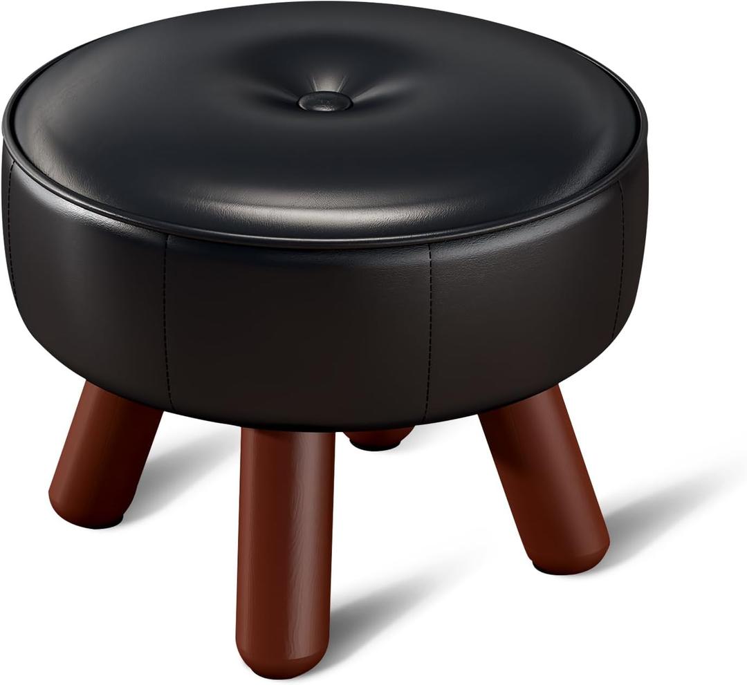 oakvivo 13in Small Foot Stool Ottoman, Round Faux Leather Foot Rest, Footstool Ottomans with Rubber Legs Under Desk, Footrest for Couch, Living Room, Bedroom, Office, 13''L x 13''W x 10.2''H, Black