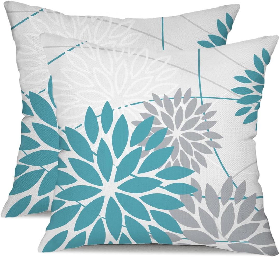 Blue and Grey Floral Pillow Covers 18"x18" Set of 2 Outdoor Waterproof Decorative Throw Pillows Summer Pillow Covers Polyester Cushion Case Decor for Couch Patio Funiture Garden Porch
