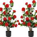 Artificial Camellia Tree 3.3 FT 2 Pack, Christmas Decor Fake Camellia Plant with Blooming Flowers&Natural Wood Trunk, Greenery Faux Potted Plant for Home Office Winter Indoor (Red, 3.3FT)