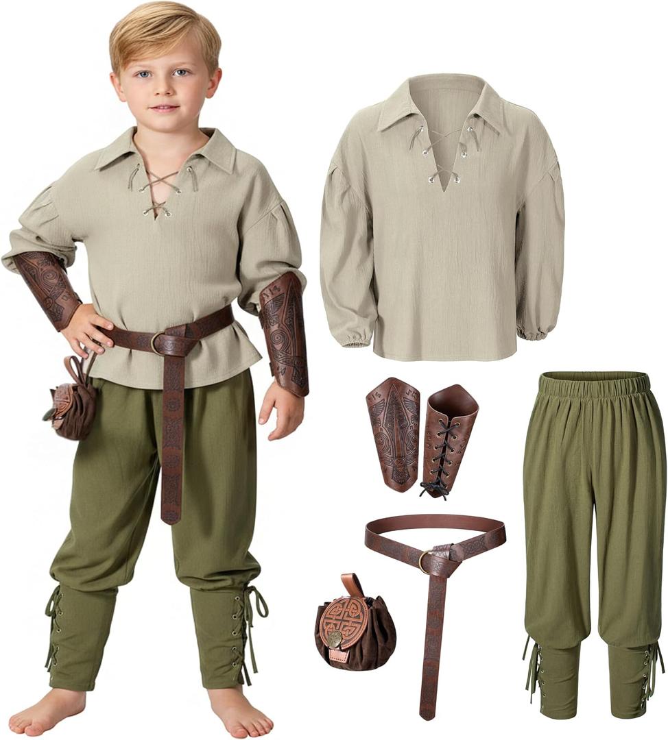 Kids Medieval Viking Pirate Renaissance Tunic Pants Accessories Costume for Boys Cosplay 13-14 Years (S)