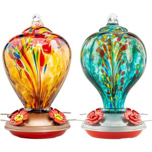 2 Packs Hummingbird Feeders for Outdoors Hanging Ant and Bee Proof, 34OZ & 32OZ Hand Blown Glass Hummingbird Feeders for Outside, 2 Red