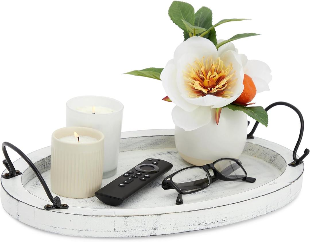 Oval Wood Serving Tray with Handles - Rustic White Decorative Platter for Coffee Table Decor, Living Room, and Farmhouse Decor - 16 x 11 x 2 in