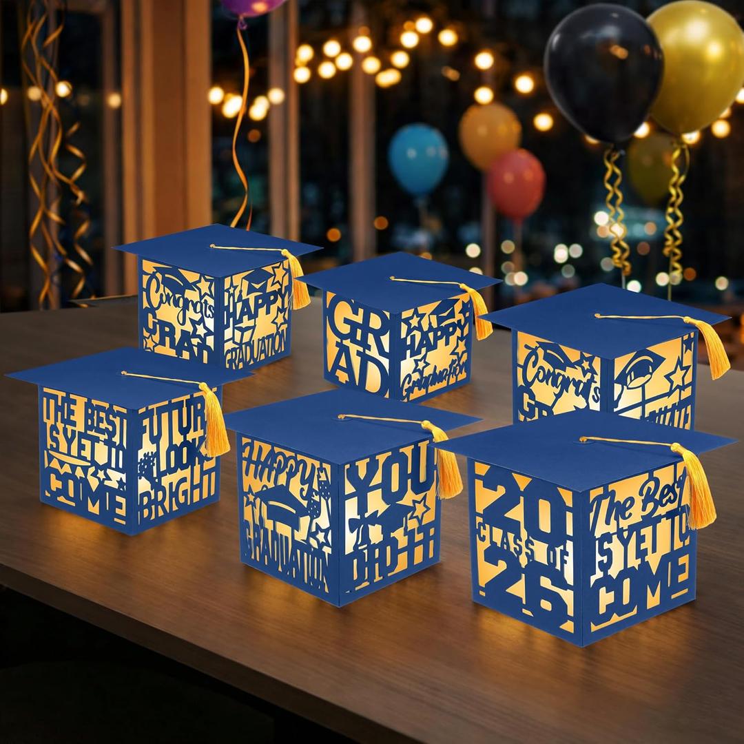 VIHOSE 6 Pcs Light up Graduation Centerpieces for Tables Blue Graduation Table Centerpieces Boxes Class of 2026 Grad Lantern Boxes with LED Light Congrats School College Photo Props Party Supplies
