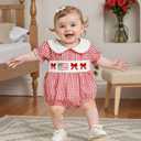 MoZiKQin Baby Girl 4th of July Outfit American Flag Embroidery Bubble Romper Plaid Smocked Jumpsuit Cute Summer Clothes (Red)
