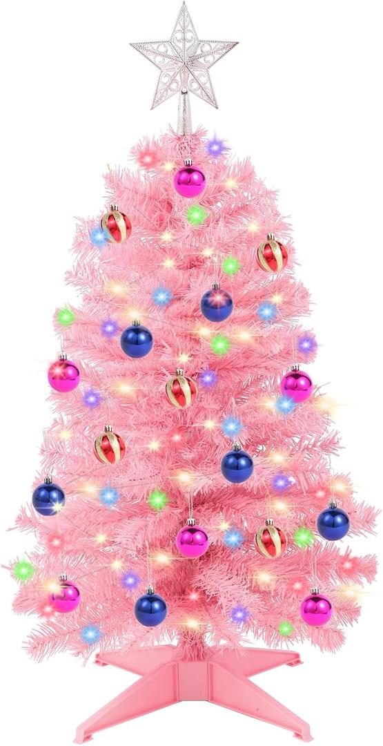 3Ft Christmas Tree with Lights, Table Christmas Tree with 50 LED 12 Modes, 3D Star, 15 Hanging Ball Ornaments, Small Prelit Xmas Tree for Tabletop, Home and Office (Pink)