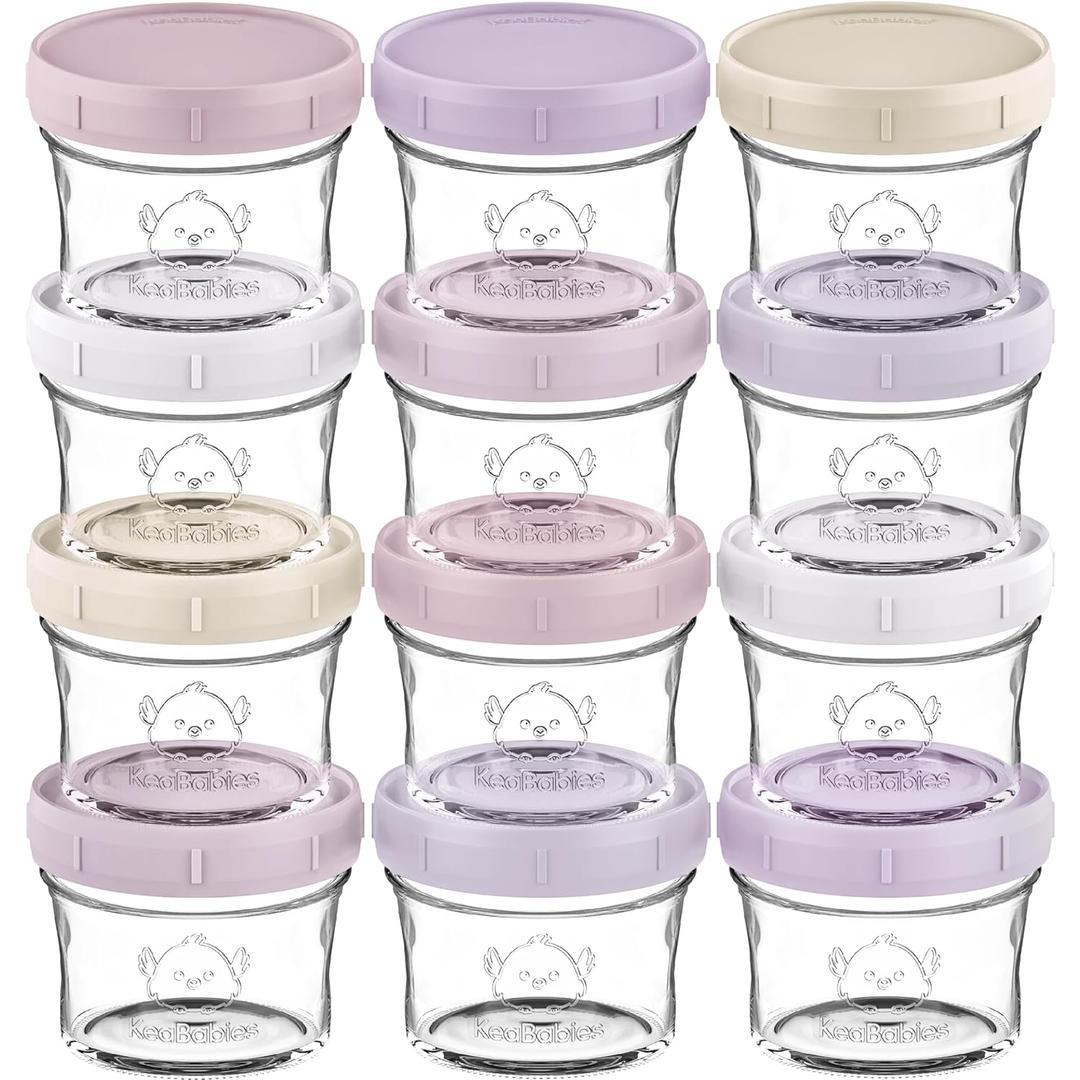 KeaBabies 12pk 4oz Glass Baby Food Containers with Lids - Leak-Proof, Microwavable Small Glass Jars, Baby Purees & Toddler Snack Storage Containers, BPA-Free, Dishwasher & Freezer Safe (Lilac)