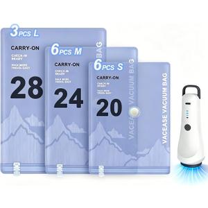 Vacuum Clothes Storage Bags with Rechargeable Wireless Pump, 15 Pack (3 Travel Sizes) Vacuum Seal Bags for Clothes, Space Saver Compression Bags for Clothing, Blankets, Luggage & Closet Organization