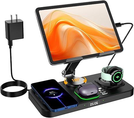 30W Foldable Fast Wireless Charger Stand for Multiple Samsung Device & Android, 6 in 1 Charging Station for Adjustable Tablet Stand with 7-Color Lights/Clock,Watch Charger Only for Galaxy Watch