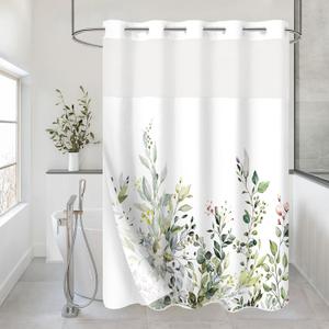Gibelle No Hook Eucalyptus Shower Curtain with Snap-in Fabric Liner Set, Hotel Style Sage Green Plant Leaves Double Shower Curtain with See Through Top Window, Waterproof & Washable, 72x74