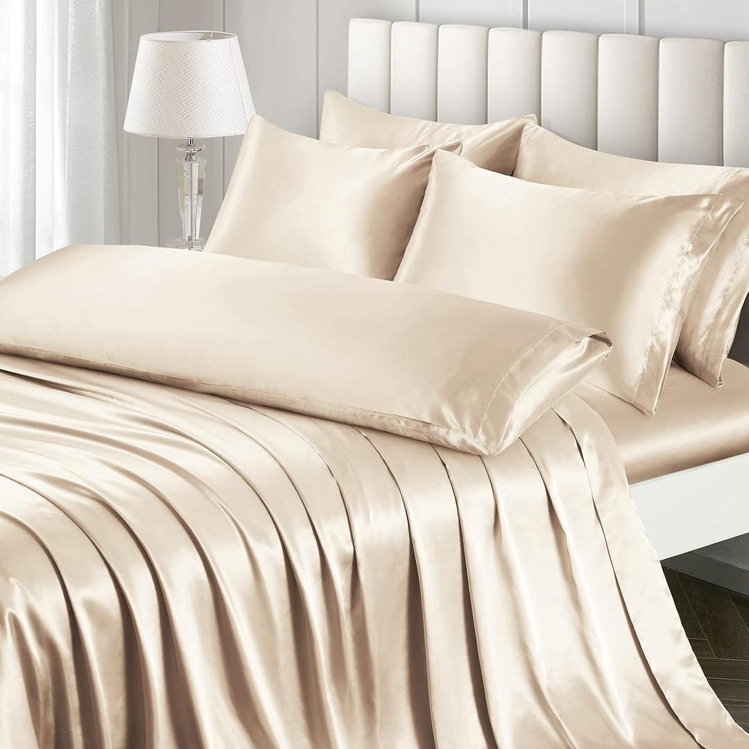Ersmak 7 Pieces Satin Sheets Set California King Size, Luxury Silky Beige Satin Bed Sheets Set with 1 Deep Pocket Fitted Sheet, 1 Soft Flat Sheet, 4 King Pillowcases and 1 Body Pillowcase