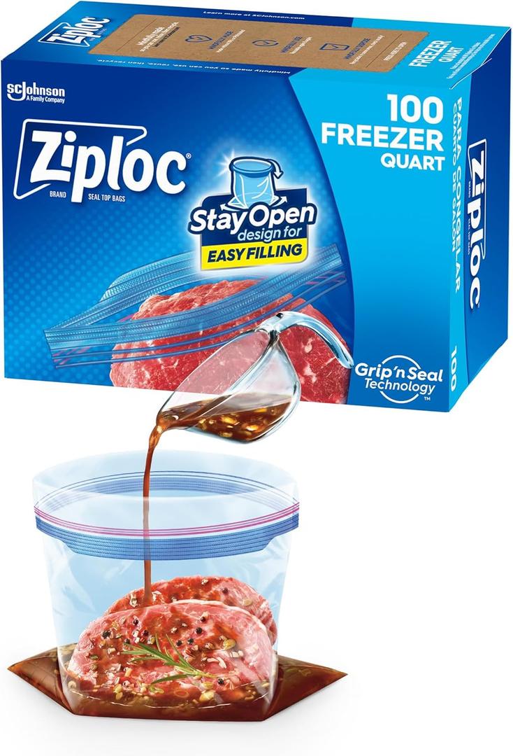 Ziploc Quart Food Storage Freezer Bags, Stay Open Design with Stand-Up Bottom, Easy to Fill, 100 Count Ziploc Quart Food Storage Freezer Bags, Stay Open Design with Stand-Up Bottom, Easy to Fill, 100 Count