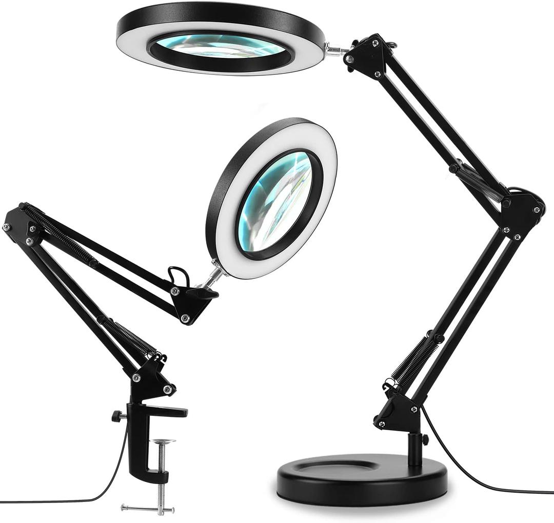 LANCOSC 2-in-1 Magnifying Glass with Light and Stand, 5X Real Glass Lens, 3 Color Modes Stepless Dimmable, Magnifying Desk Lamp & Clamp, LED Lighted Magnifier for Repair, Reading, Crafts, Close Works (Black)