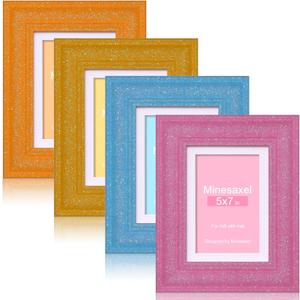 5x7 Glitter Picture Frame with Mat for 4x6, HD Real Glass Pastel Sparkle Photo Frames,Cute Fun or Unique 5 by 7 Artwork Frame for Tabletop or Wall Display Colorful 4 Pack