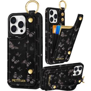 Petitian for iPhone 14 Pro Max Case with Wallet - Women Girls Cute Girly Aesthetic Unique Design Leather Credit Card Holder Cardholder Stand Wristband for iPhone 14 Pro Max, Black Butterfly