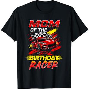 Mom of The Birthday Racer Race Car Party Family Matching T-Shirt (Black, L)