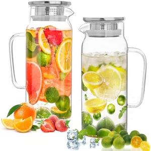 Set of 2 Glass Pitcher with Lid,2 Quart (64 oz / 1.9 Liter) Leak Proof,Glass Water Jugs, BPA-Free,Microwave & Dishwasher Safe Pitcher,Sun & Iced Tea, Sangria,Cold Brew Coffee & More